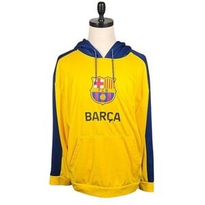 FC Barcelona Barca Soccer Hoodie Mens XL Yellow Navy Blue Fleece Lined Pullover